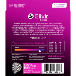 Elixir Nanoweb Acoustic Bronze 16564 3 Pack Custom Light 11-52